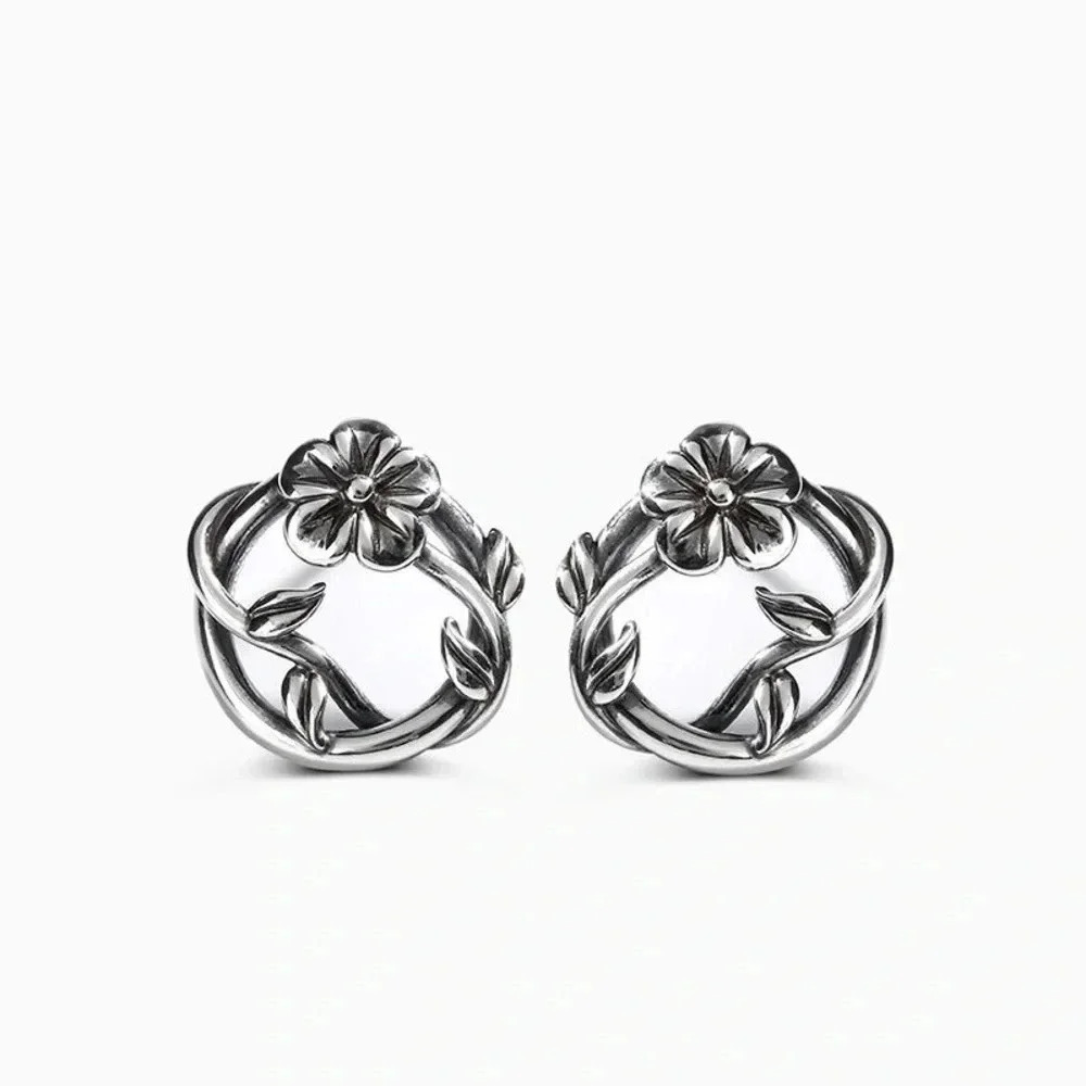 925 Sterling g Silver Oxydadize Flowers  Earrings
